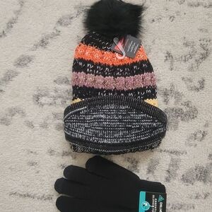 Colorful Striped Knit Hat and Gloves Set
